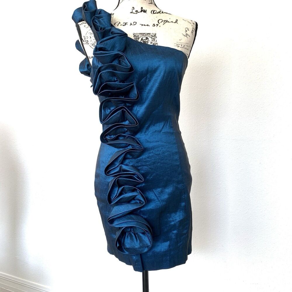 Sanjoy Y2K One Shoulder Blue Ruffle Mini Dress  Size M